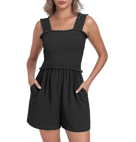 QIXING Women's Summer Casual Rompers Dressy Smocked Loose Comfy Short Jumpsuits Vacation Outfits With Pockets Black-L | Amazon (US)