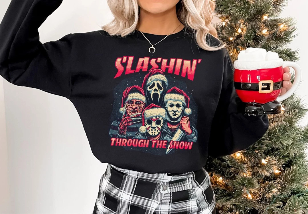 Horror Movie Characters Christmas Sweatshirt, Funny Holiday Crewneck Sweater, 90s Vintage Horror ... | Etsy (US)