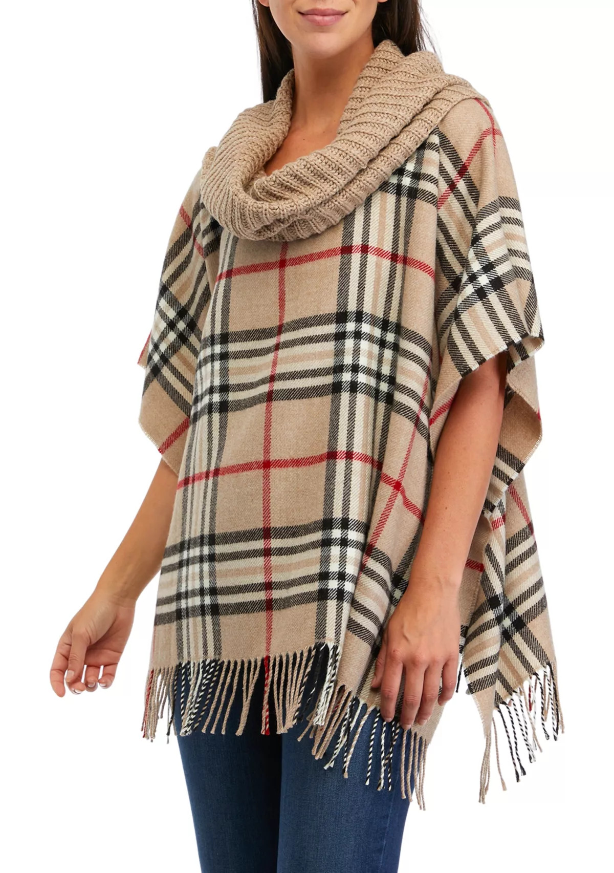 Plaid Poncho with Knit Collar | Belk