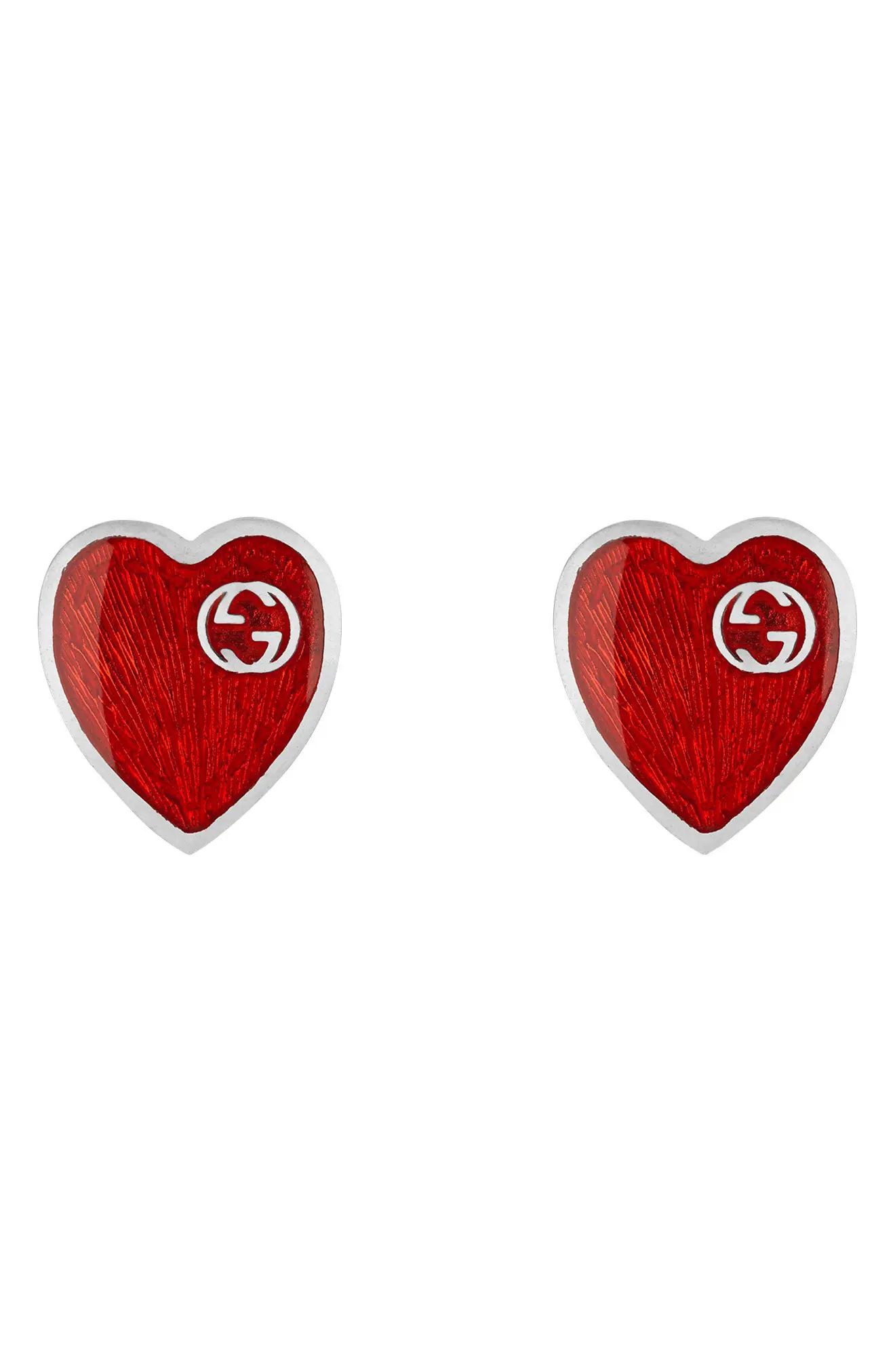 Gucci Extra Small Interlocking-G Red Heart Stud Earrings in Silver/Red at Nordstrom | Nordstrom