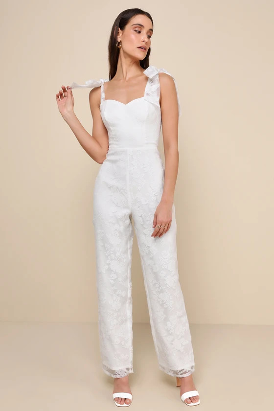 Extraordinary Charm White Floral Burnout Tie-Strap Jumpsuit | Lulus