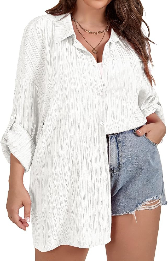 SCOMCHIC Women Plus Size Button Down Shirts Long Roll Up Sleeve V Neck Collared Casual Blouses Ov... | Amazon (US)