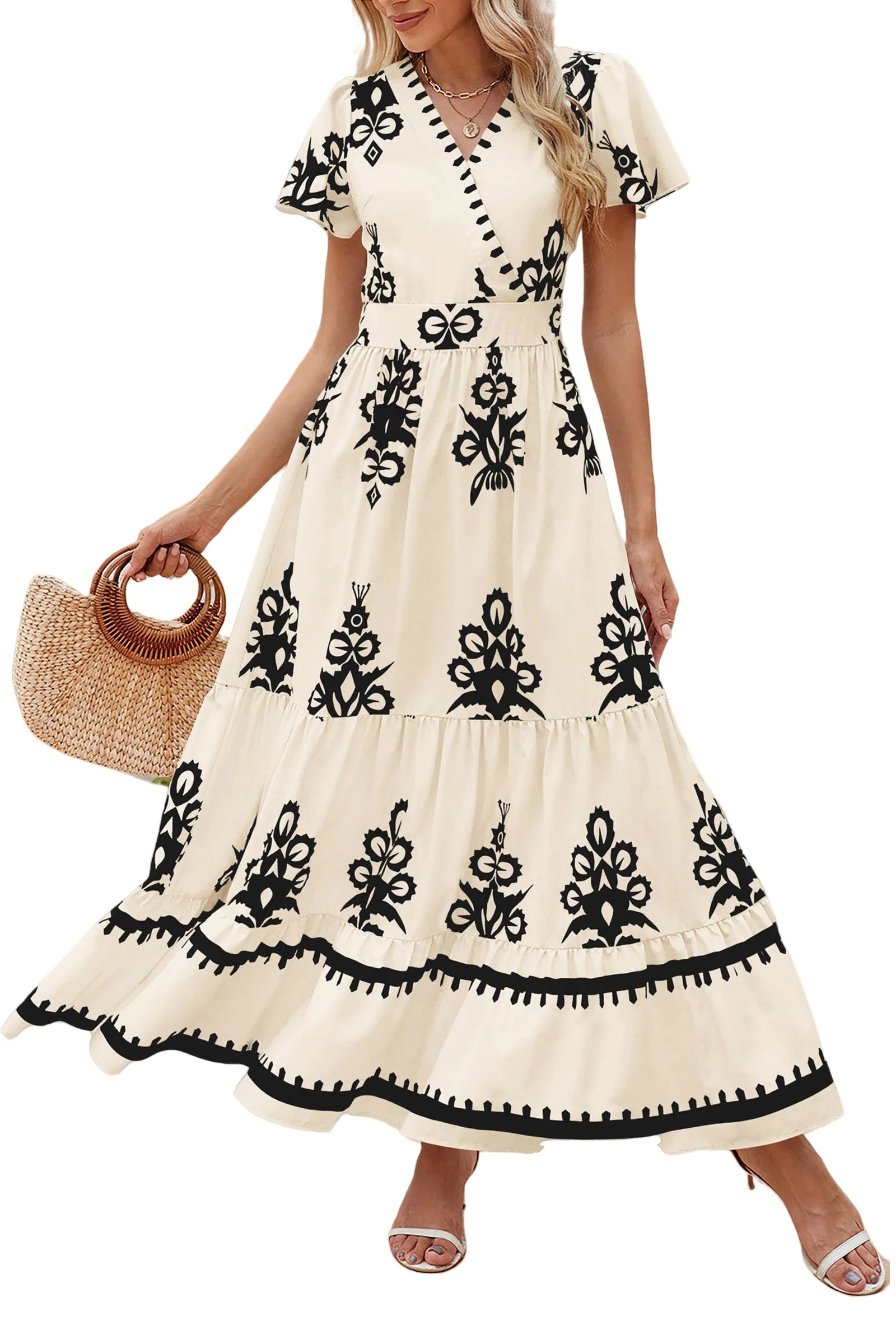 PRETTYGARDEN Womens Summer Casual V Neck Boho Maxi Dress Flowy Aline Bell Sleeve Tiered Floral Dr... | Walmart (US)