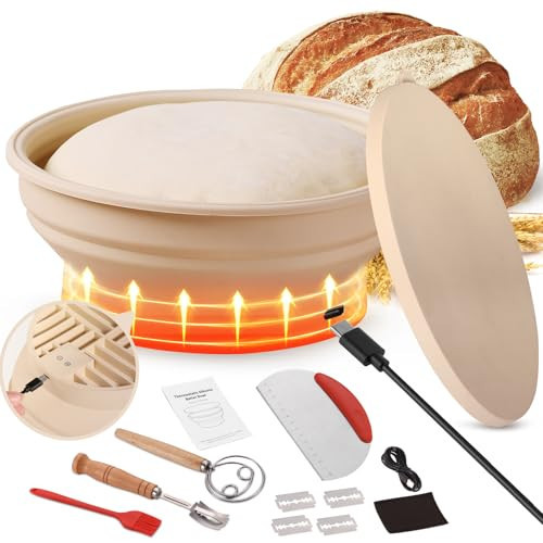 Yacumx Heating Sourdough Bread Proofing Basket Set, Electric Thermostatic Silicone Batter Bowl，Banneton Sourdough Bread Baking Supplies，9 Inch Round Foldable Sourdough Proofing Bowl，White | Amazon (US)