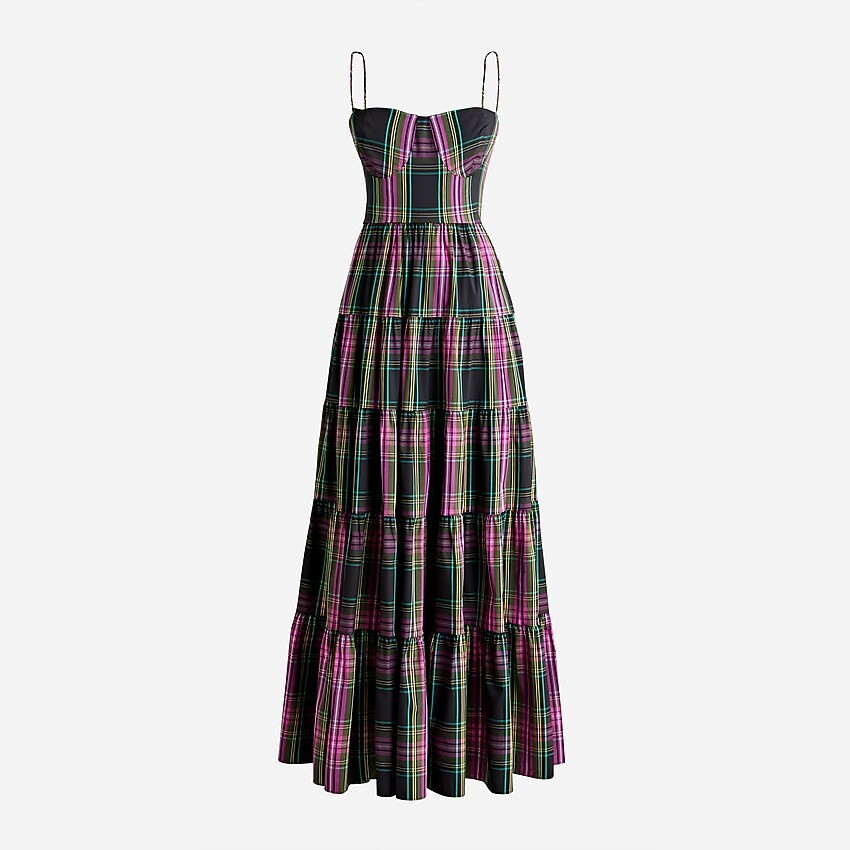 Tiered taffeta maxi dress in pink Stewart tartan | J. Crew US