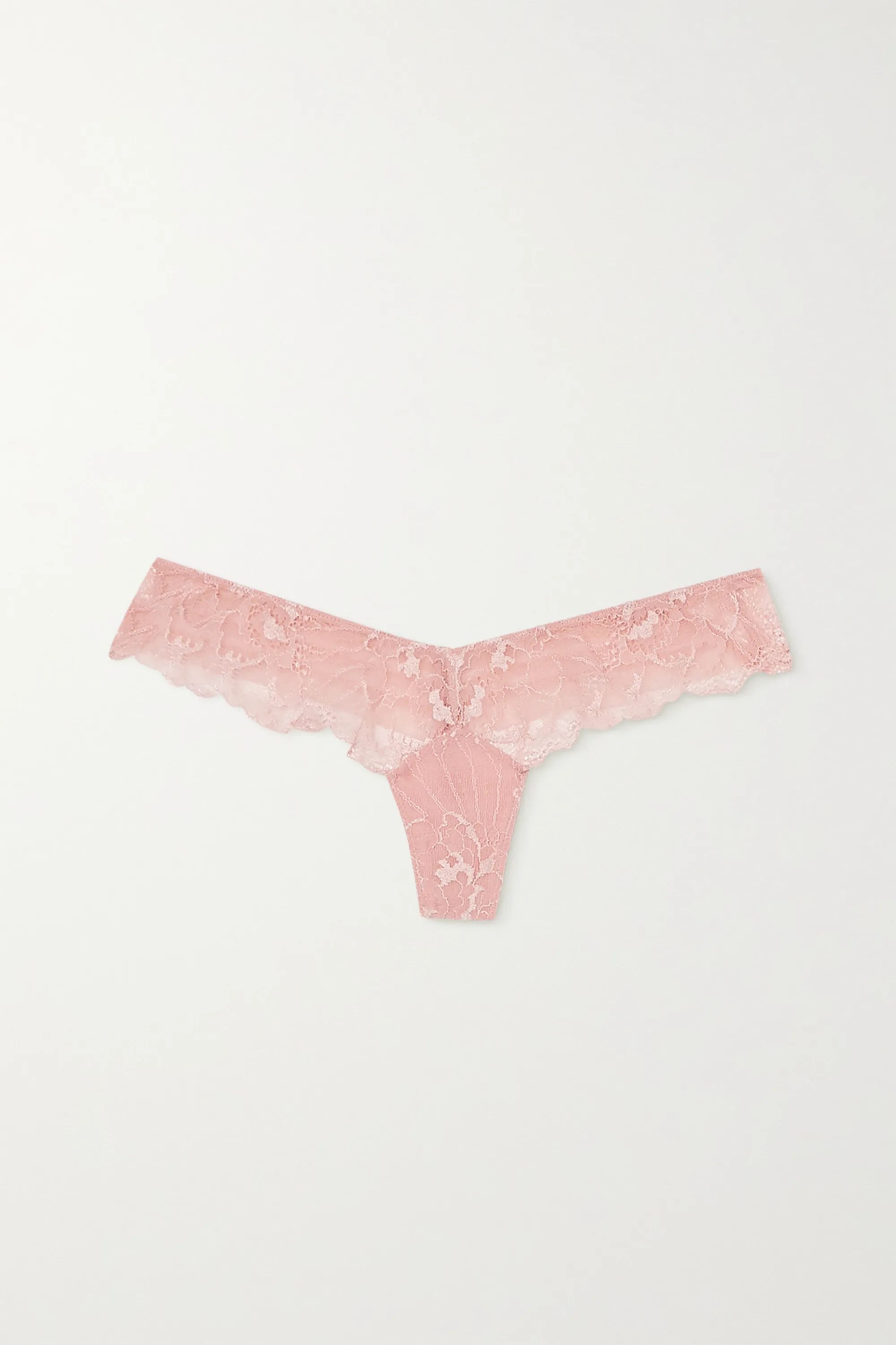 Pastel pink Adele Leavers lace-trimmed stretch-tulle thong | La Perla | NET-A-PORTER | NET-A-PORTER (US)