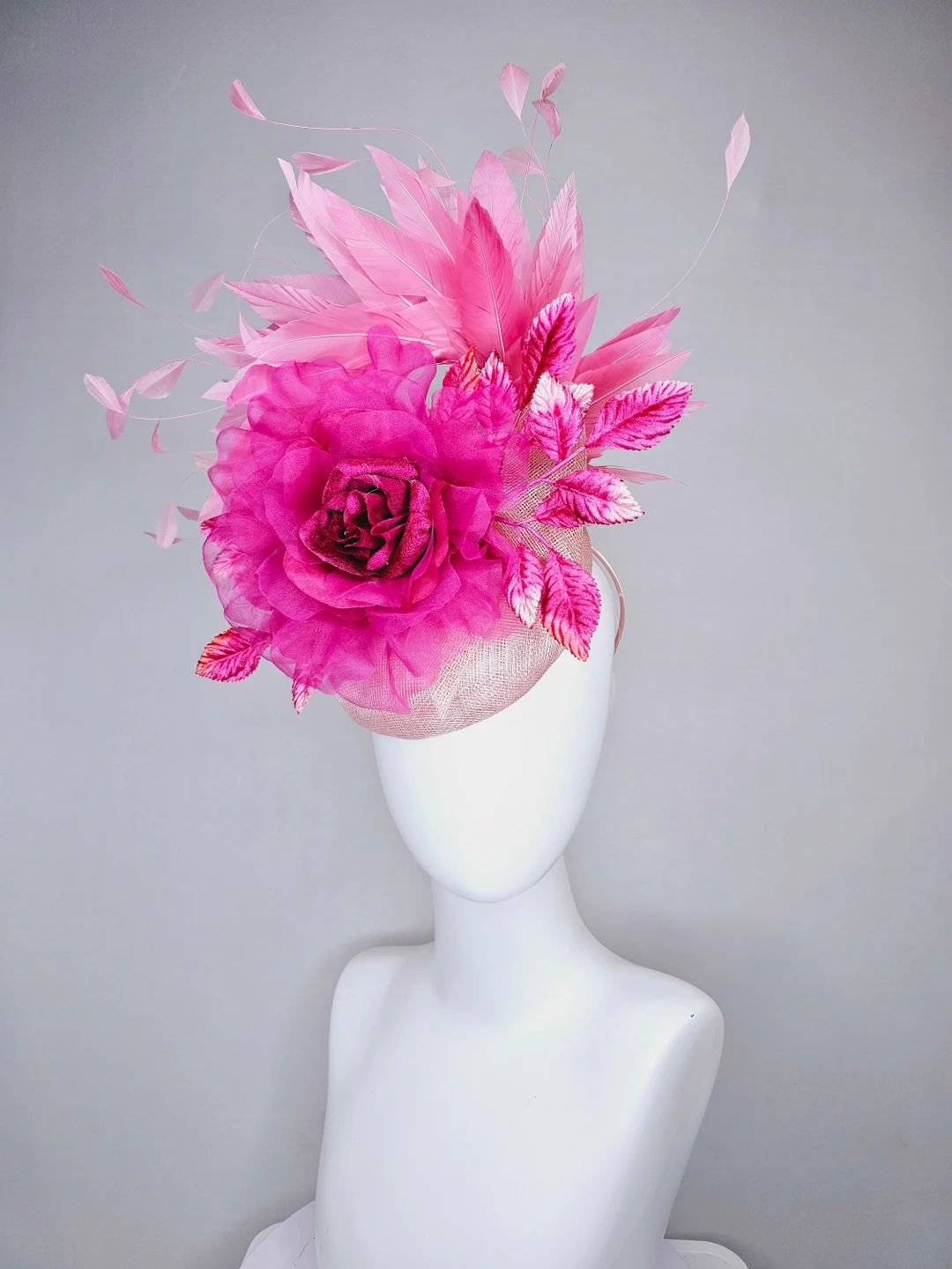 Kentucky Derby Hat Fascinator Light Pink Sinamay With Hot Pink Silk Organza Flower, Ombre Rose Pi... | Etsy (US)
