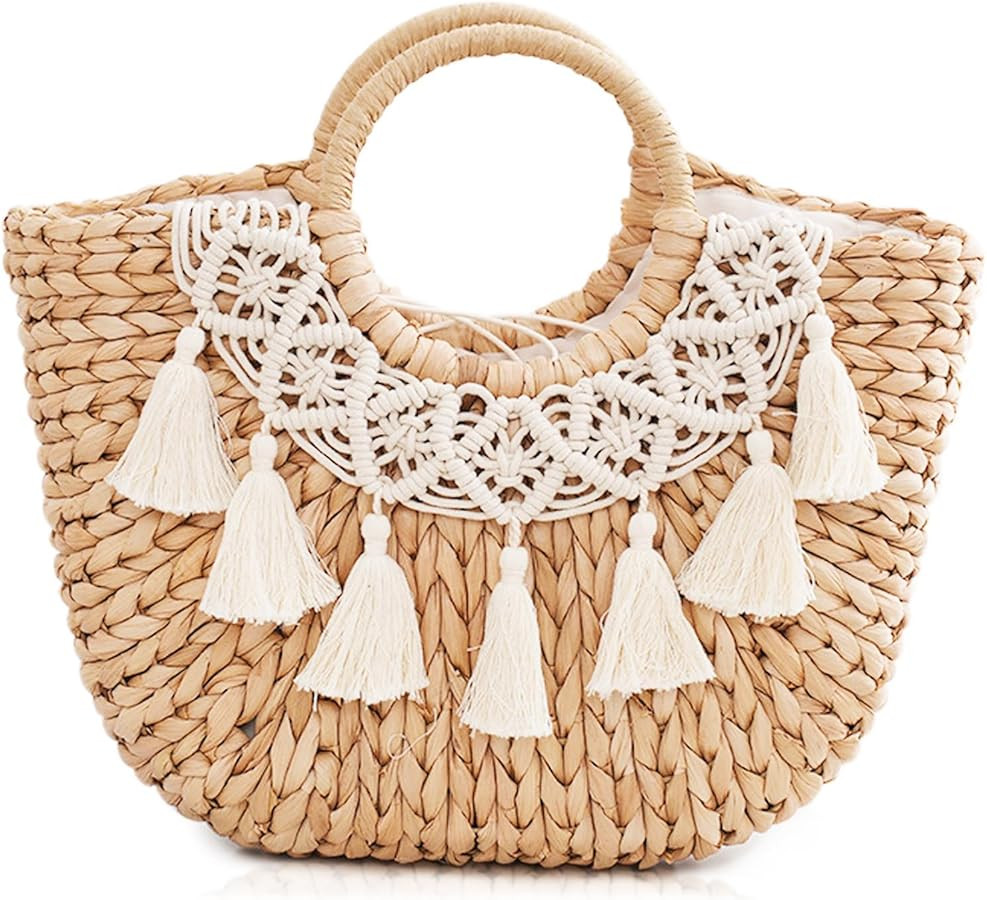 Beach Bags for Women, Semi-Circular Woven Bag, Bohemia Handmade Rattan Handbag, Straw Bag for Vac... | Amazon (US)