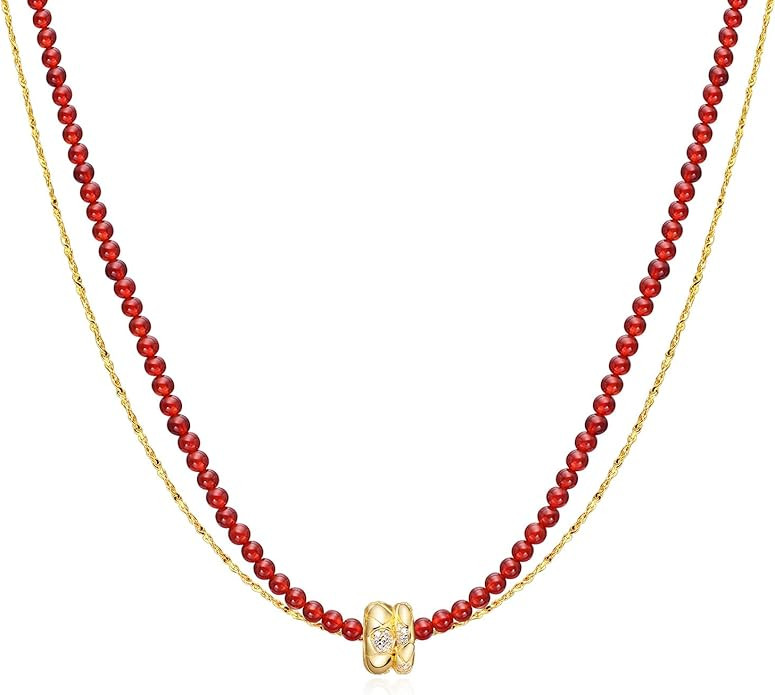 ARSIS Double Layered Necklace for Women, Red Agate/Tiger's Eye/Mother of Pearl Beaded Choker & St... | Amazon (US)