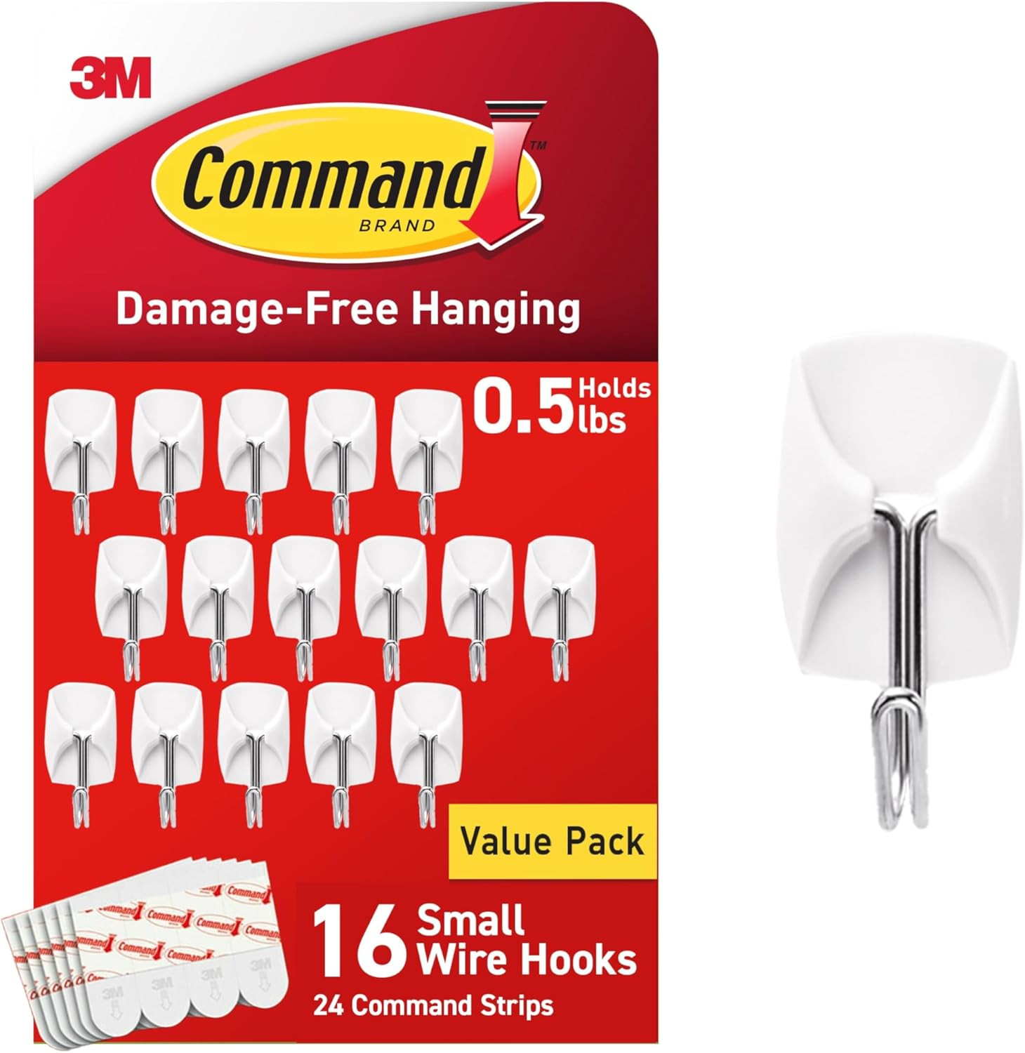 Command Small Wire Toggle Hooks, Damage Free Hanging Wall Hooks with Adhesive Strips, No Tools Wall Hooks for Hanging Organizational Items in Living Spaces, 16 White Hooks and 24 Command Strips | Amazon (US)