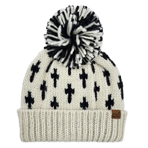 Funky Junque Women’s Winter Pom Beanie Hat – Knit Cross Pattern Pom Hat, Warm 100% Acrylic Womens Beanie, Stylish Cold Weather Accessory - Cream | Amazon (US)