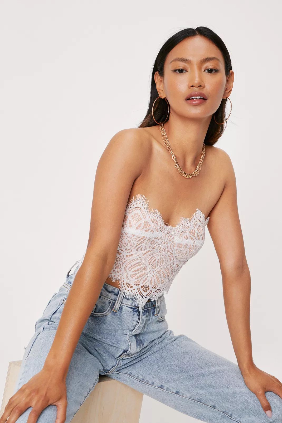 Petite Strapless Lace Cropped Corset Top | Nasty Gal (US)