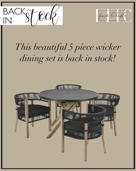 Back In Stock. Follow @farmtotablecreations on Instagram for more inspiration.

This beautiful dining set from Walmart is a best seller and finally back in stock. 

Better Homes & Gardens Tarren 5-Piece Wicker Outdoor Dining Set, Black. Walmart Home. Walmart Outdoor Finds. Patio Furniture  

#LTKHome #LTKStyleTip