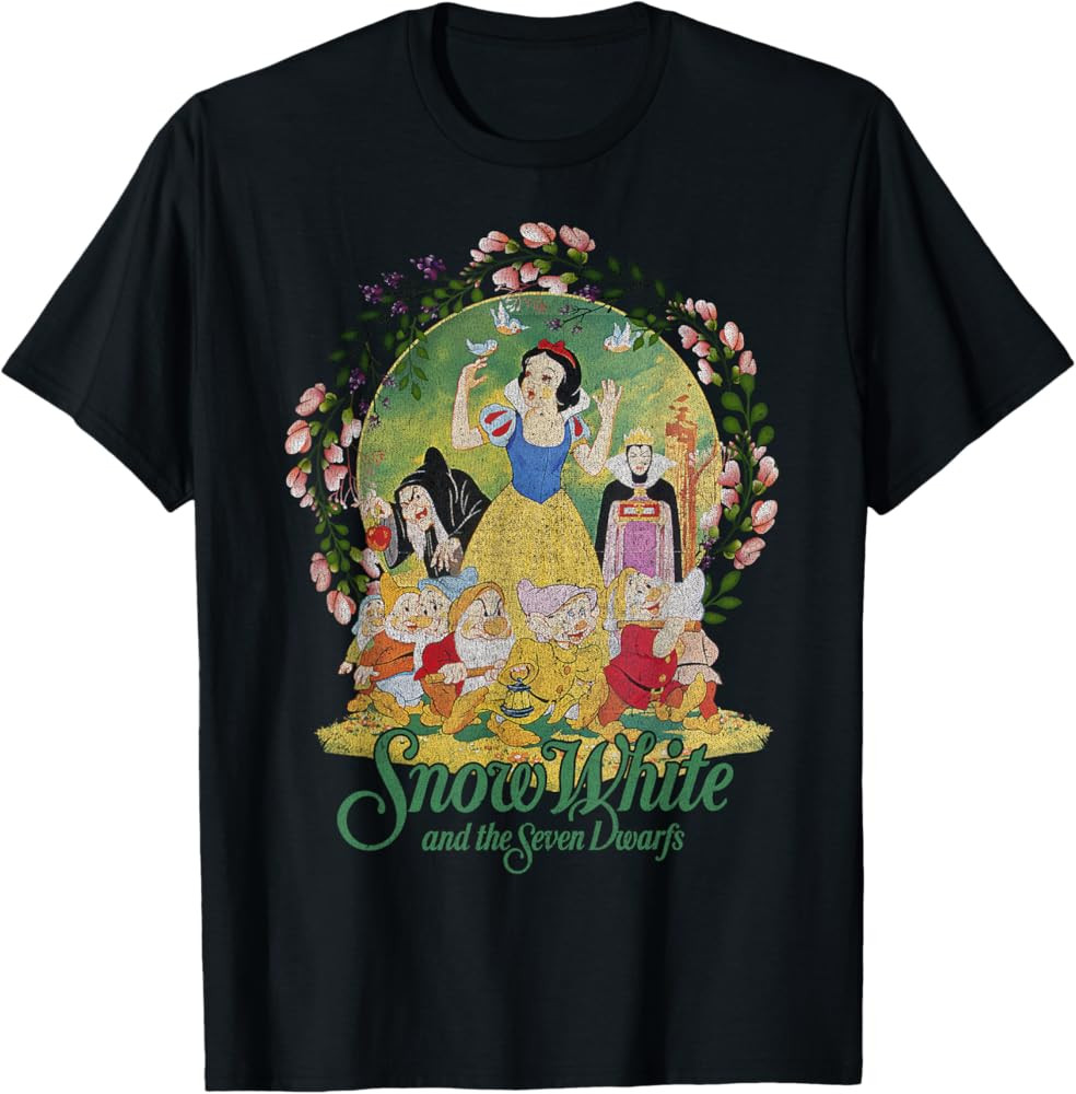 Disney Snow White Group Shot Classic Poster Floral Wreath T-Shirt | Amazon (US)