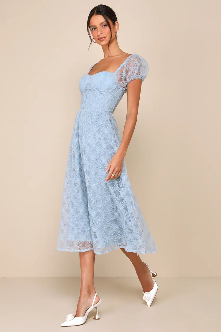 Exceedingly Elegant Blue Floral Applique Bustier Midi Dress | Lulus