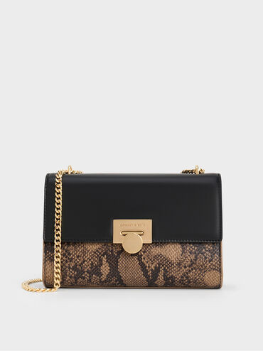 Beige Ebba Snake Print Chain-Strap Bag | CHARLES & KEITH | Charles & Keith US