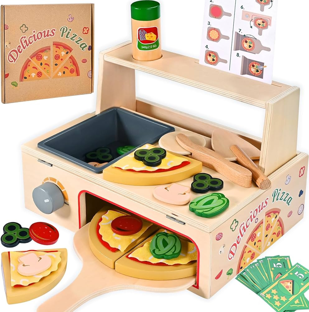 50 PCS Wooden Pizza Toy, Montessori Pretend Play Toys, Wooden Pizza Counter Playset with Bake Ove... | Amazon (US)