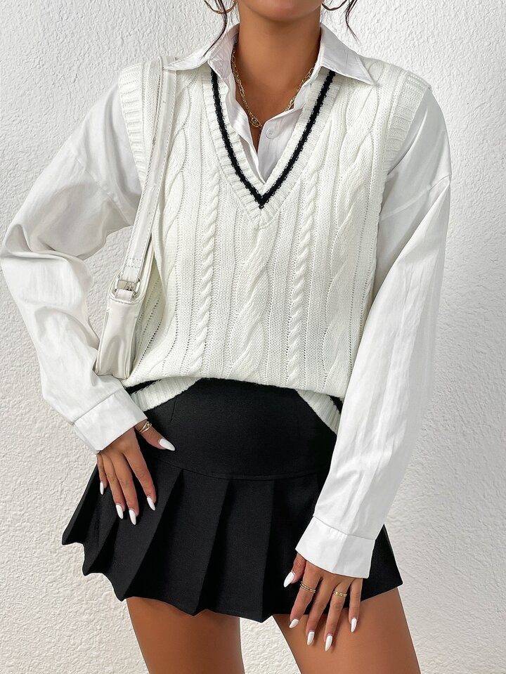 SHEIN Qutie Striped Trim Cable Knit Sweater Vest Without Blouse | SHEIN