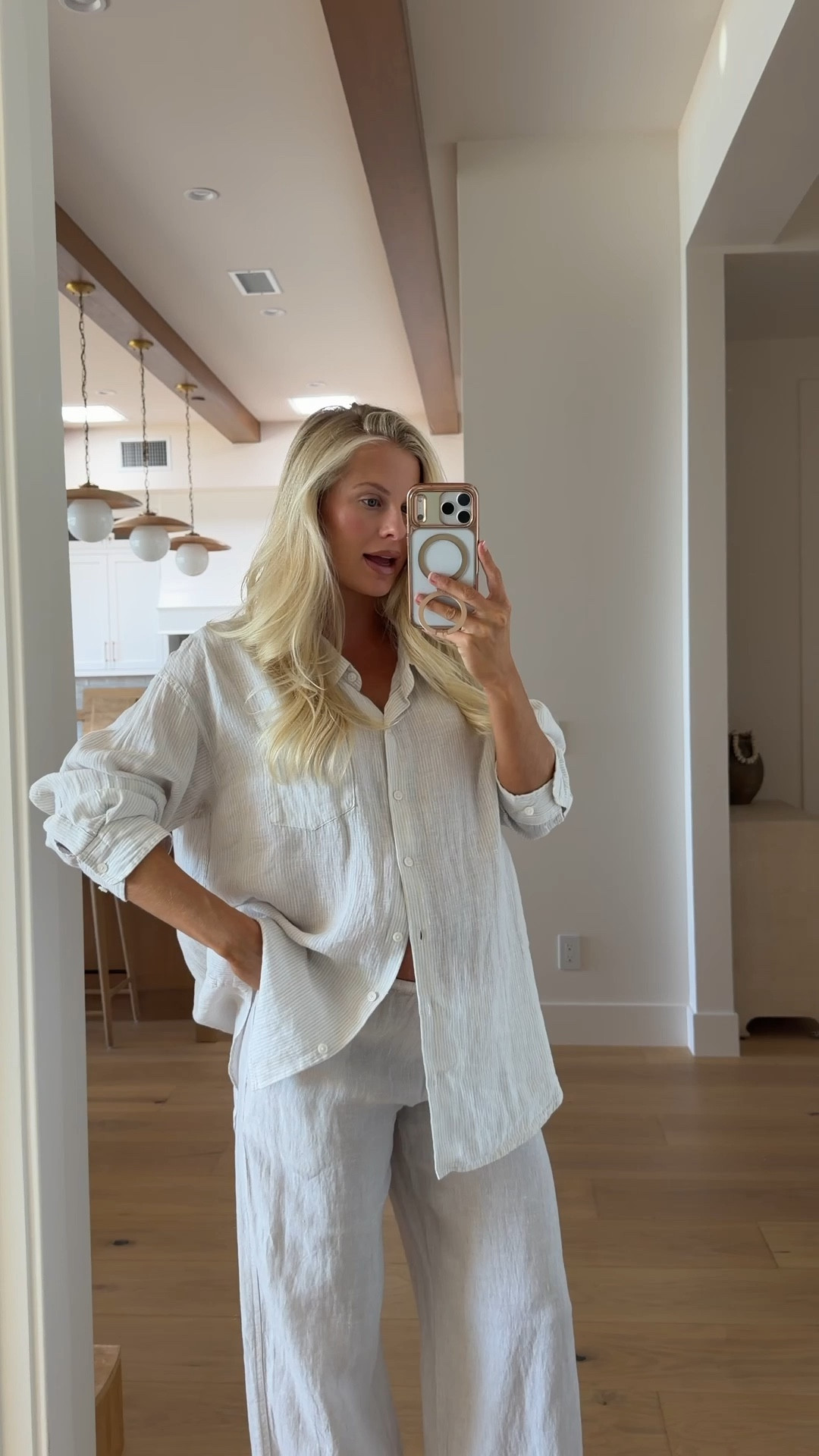 Wearing a medium in top & bottom (sized up for pregnancy - indg strp w/ ntrl ecr)! Linking similar top & pants - these are slightly see through! #kathleenpost #AritziaPartner @Aritzia 

Casual chic look, beach vacay outfit, swim coverup, linen set, bump friendly, maternity look

#LTKBump #LTKSwim #LTKTravel