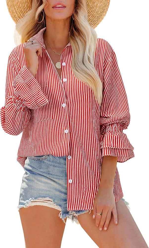Striped Long Sleeve Shirt Women Oversize Button Down Shirts Smocked Boyfriend Blouse Ruffle Casua... | Amazon (US)