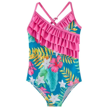 Toddler Bathing Suit Girl Ruffled Edge Summer Beach Tankini Pink 120 6Y-7Y | Walmart (US)