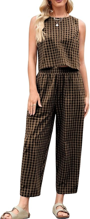 Womens Cotton Linen Checker Set 2 Piece Beach Vacation Outfit Summer Tank Top Pants Suit | Amazon (US)