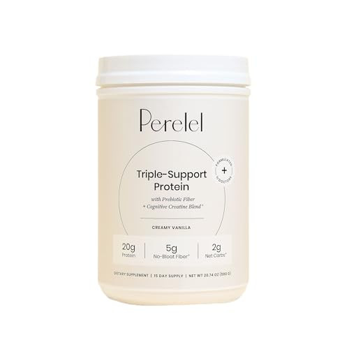 Perelel Triple-Support Plant Based Protein Powder, Creamy Vanilla, 20g Vegan Protein Powder, 3g Creatine Monohydrate, & 5g Prebiotic Fiber per Serving, Dairy Free, No Sugar Added, 15 Day Supply | Amazon (US)