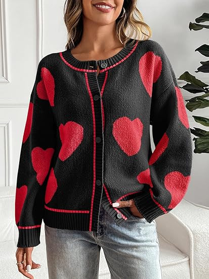 Saodimallsu Womens Cute Heart Cardigan Sweaters Valentines Day Chunky Knit Button Crewneck Long S... | Amazon (US)