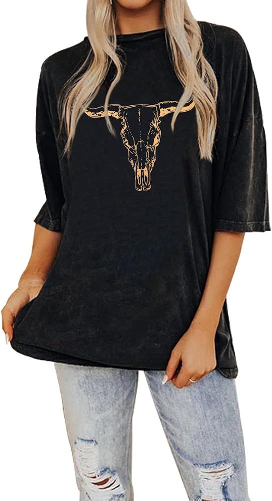 IZYJOY Women's Boho Cow Skull T Shirt Vintage Western Rodeo Graphic Tee Short Sleeve Bull Skull O... | Amazon (US)