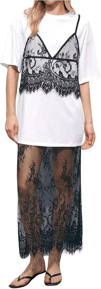 SOLY HUX Women's Summer 2 Piece Outfits Lace Half Sleeve Tee and Split Hem Skirt Set | Amazon (US)