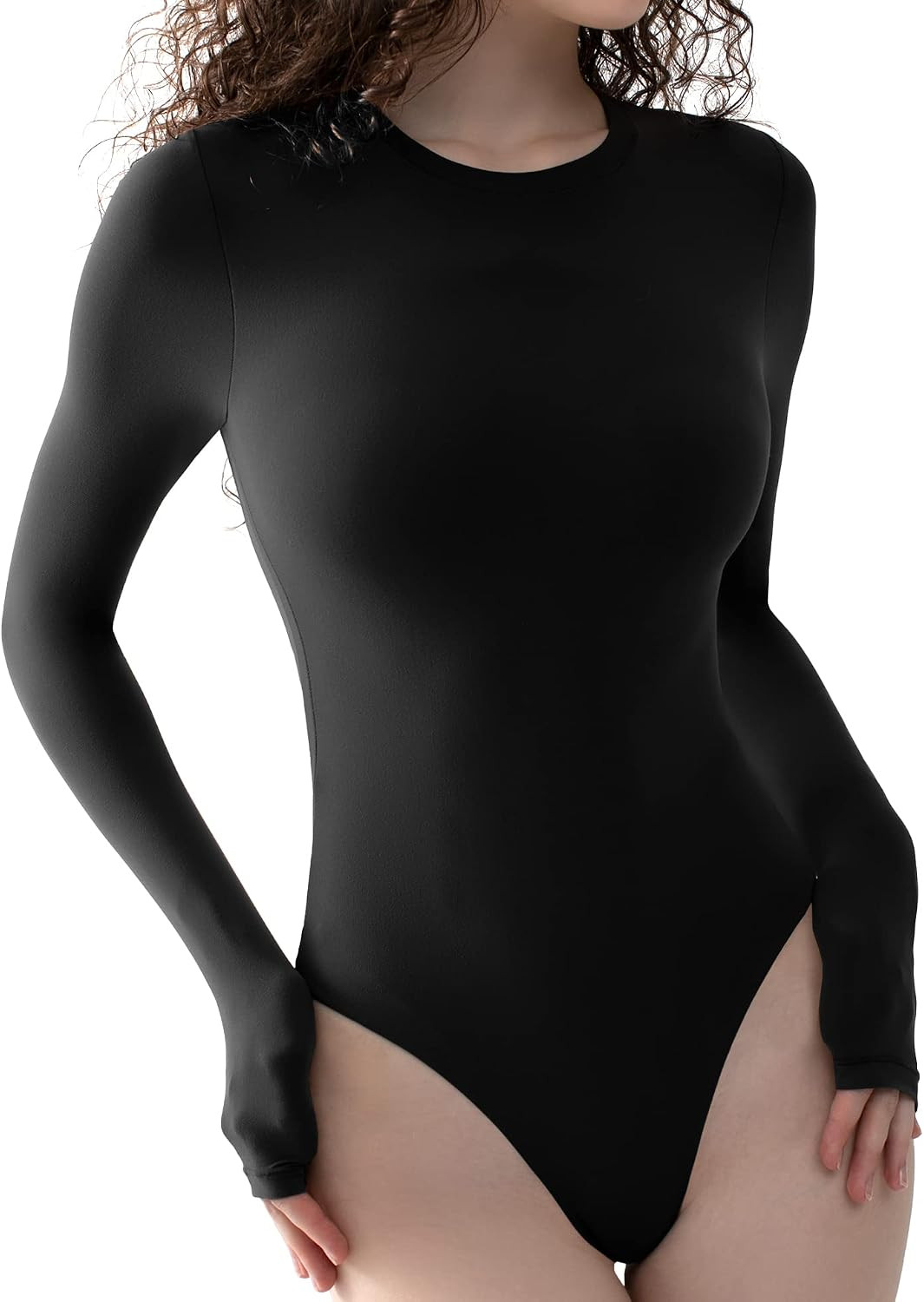 PUMIEY Women's Crew Neck Long Sleeve Bodysuit Double Lined Basic Tops | Amazon (US)