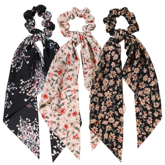 3Pcs Hair Scrunchies Chiffon Satin Floral Print Scrunchie with Bow Scarf Hair Bands Ponytail Hold... | Amazon (US)