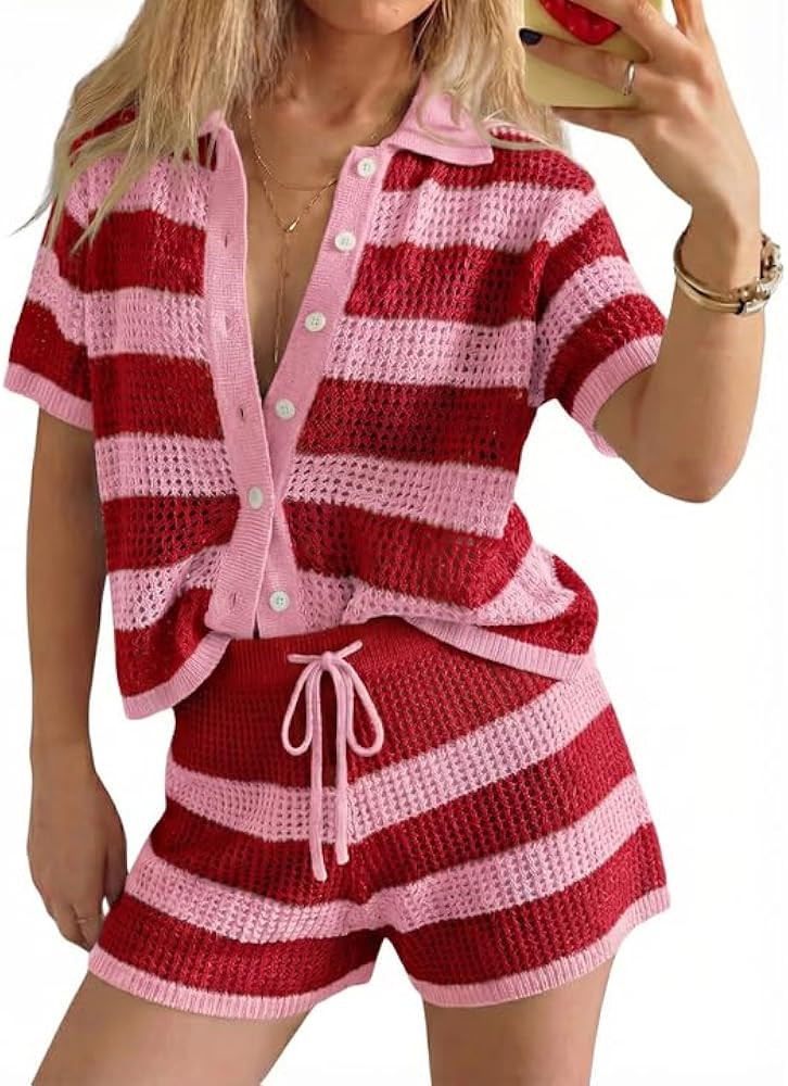 Tankaneo Womens Crochet Swimsuit Coverup Summer 2 Piece Short Sets Striped Knit Short Sleeve Butt... | Amazon (US)