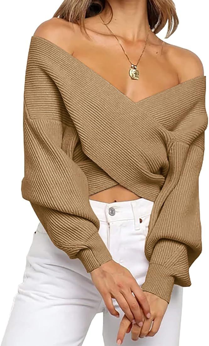 BTFBM Women Casual V Neck Long Sleeve Sweaters Cross Wrap Front Off Shoulder Asymmetric Hem Knitt... | Amazon (US)