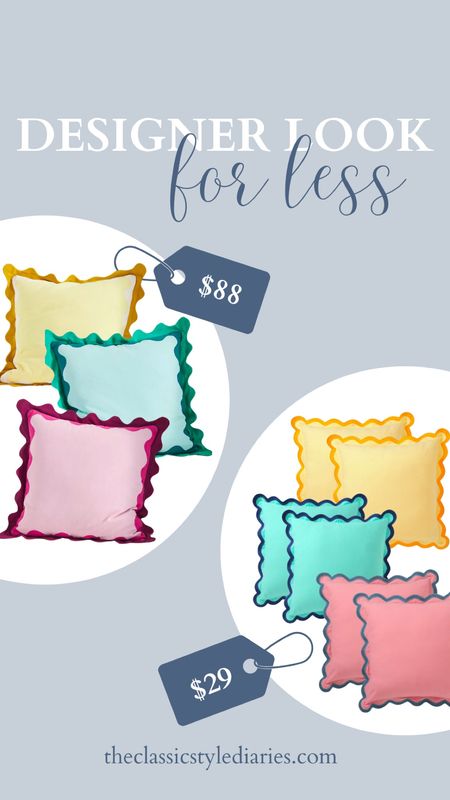 Colorful scalloped pillows - so cute! The dupes are pretty popular and the designer ones are gorgeous. These are such vibrant colors. #scallopedpillows #pinkpillow #yellowpillow #bluepillow 

#LTKhome #LTKfindsunder50 #LTKfindsunder100