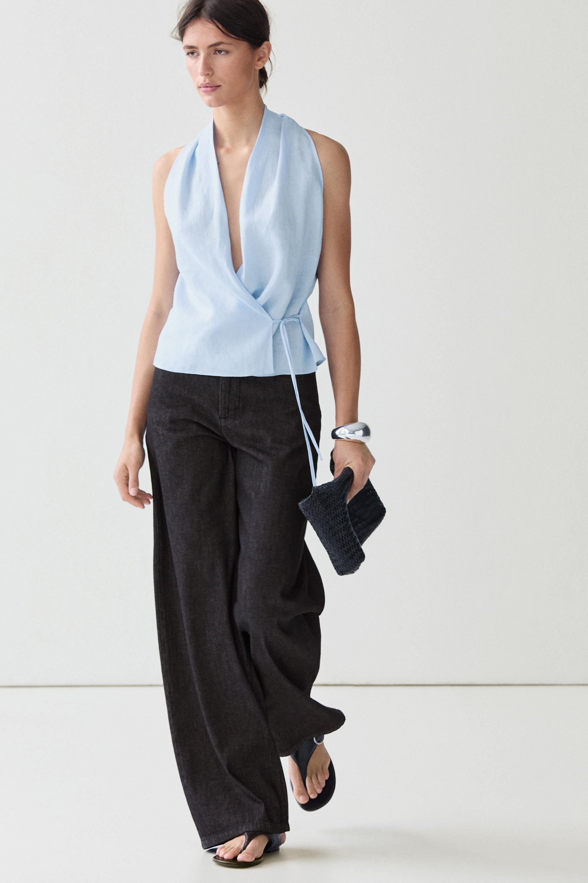 Top \u00e0 encolure am\u00e9ricaine avec n\u0153ud 100 % lin | Massimo Dutti FR