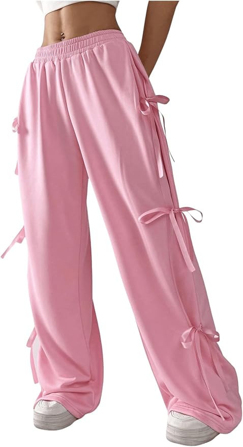 SHENHE Women's Wide Leg Baggy Sweatpants Elastic Waist Tie Bow Pants Loose Long Pants | Amazon (US)