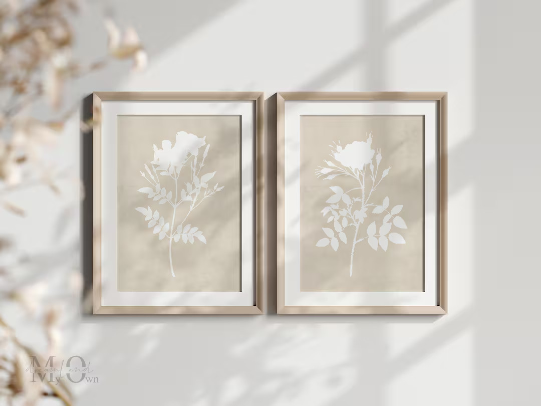 Neutral Wall Art Set of 2, Flower Printable Artwork, Beige Floral Print, Botanical Poster - Etsy | Etsy (US)