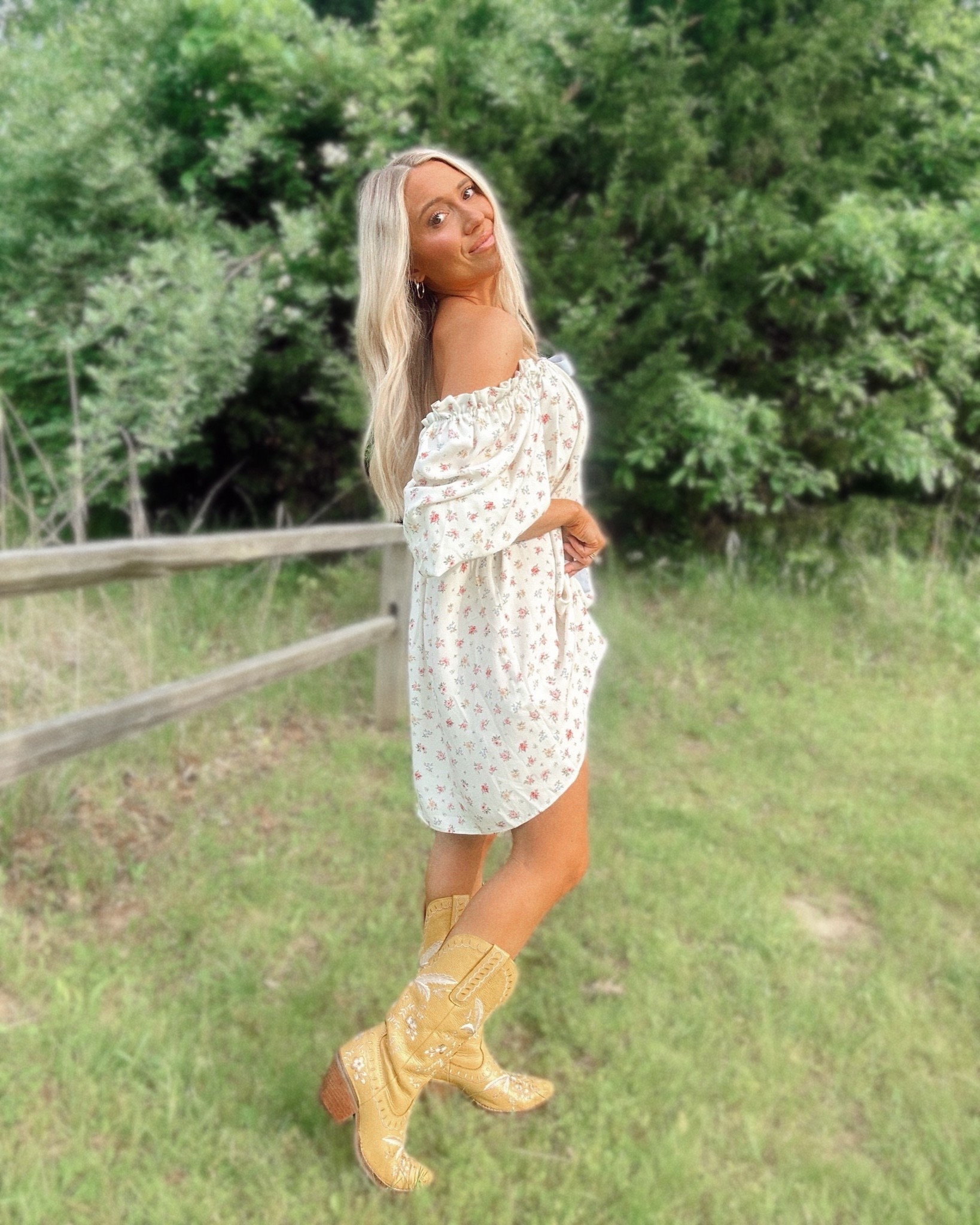 This off-the-shoulder dress is a summer staple—light, airy, and so easy to throw on!

	•	Off-the-shoulder floral mini dress – light, flowy, and flirty
	•	Embroidered mustard cowgirl boots – the statement piece
	•	Natural makeup & soft waves for that effortless vibe

boho, western, feminine, summery, romantic, flirty, soft glam, nature-inspired, golden hour glow, wildflower vibes
#LTKSpringStyle #LTKWestern #LTKBoho #CowgirlStyle #BohoOutfit #WesternFashion #SummerOOTD #CountryStyle #FloralDress #OffTheShoulderDress #EmbroideredBoots #BlondeAndBoho #OutfitInspo #BreezyStyle
@shop.ltk
https://liketk.it/5iE2s