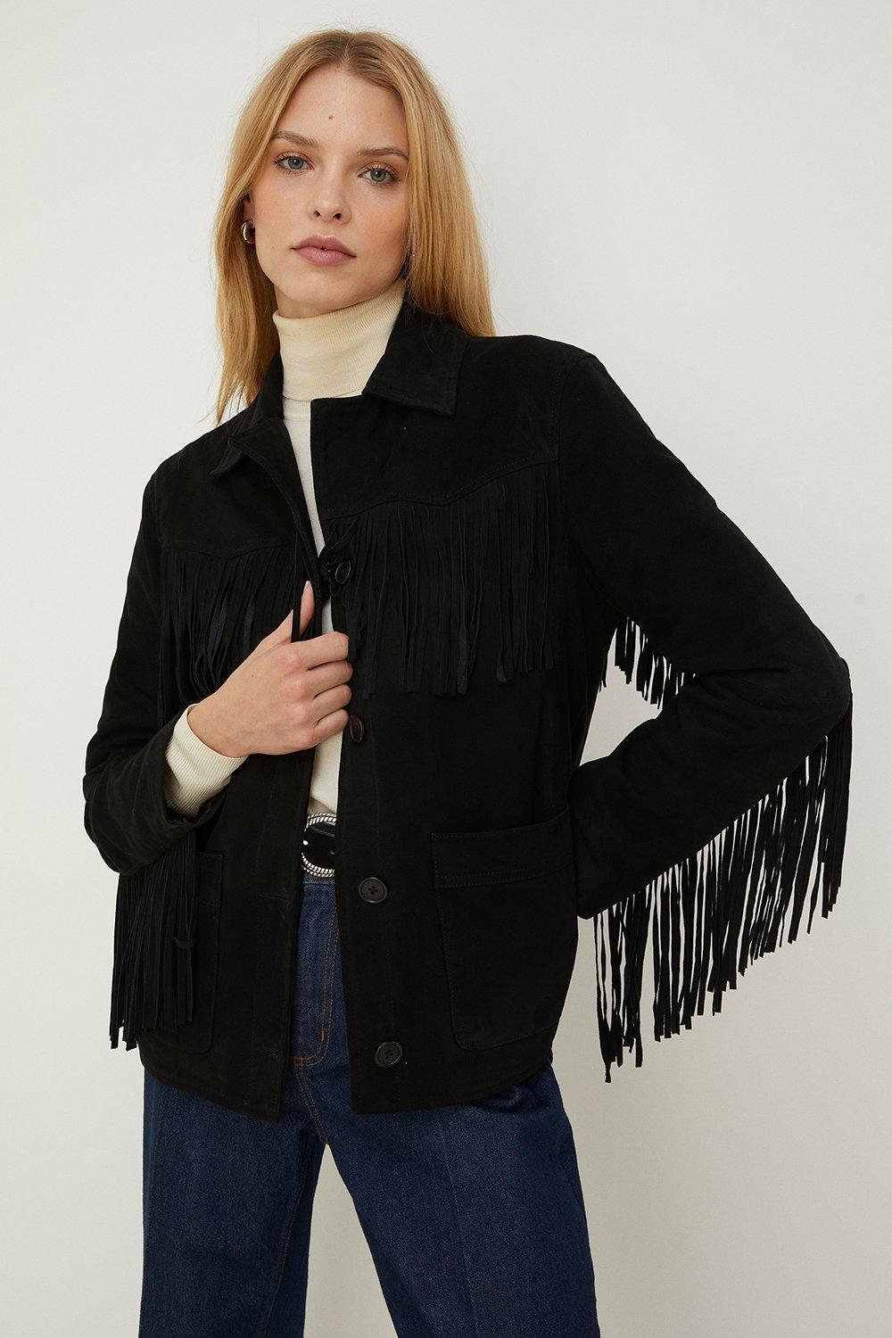 Jackets & Coats | Petite Rachel Stevens Real Leather Fringe Jacket | Oasis | Oasis UK & IE