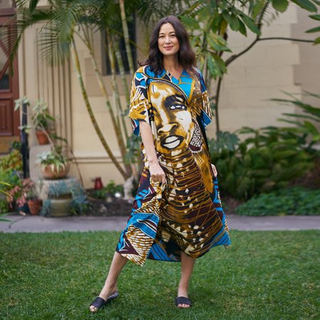 Shop LC WINLAR Blue Golden Portrait V Neck Long Satin Kaftan-One Size Fits up to 3X | Walmart (US)