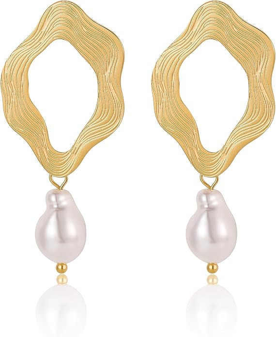 Pearl Earrings for Women 14K Gold Plated Drop Dangling Hoop Earrings for Bridal, Bridesmaids, Wed... | Amazon (US)