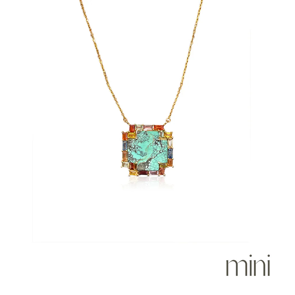 14k Rainbow Sapphire Baguette Turquoise Cross Necklace | S. Carter Designs