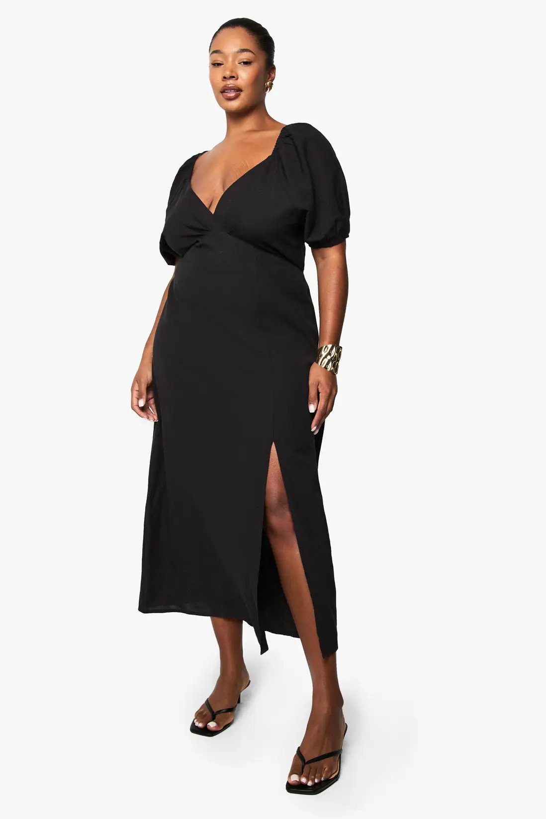 Black Plus Linen Look Tie Back Puff Sleeve Midaxi Dress | Boohoo USA | boohoo (US & Canada)