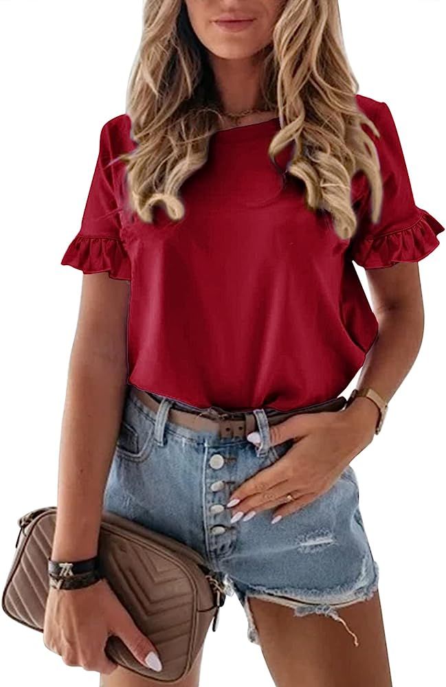 PRETTYGARDEN Women's Short Sleeve Casual T Shirts Summer Ruffle Plain Round Neck Loose Fit Tee Blous | Amazon (US)