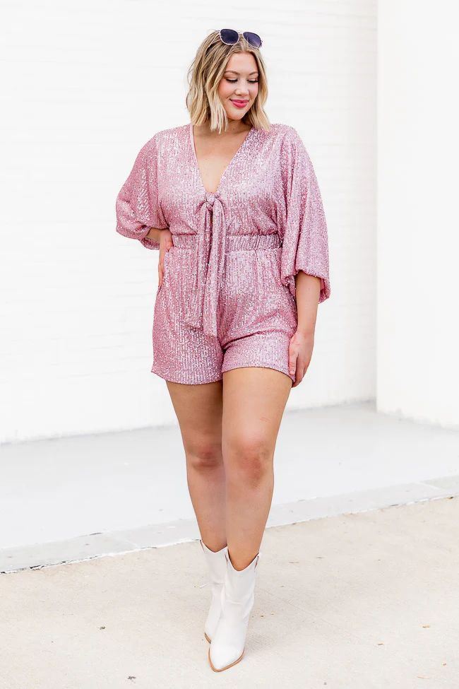 Strawberry Wine Pink Sequin Tie Front Romper | Pink Lily
