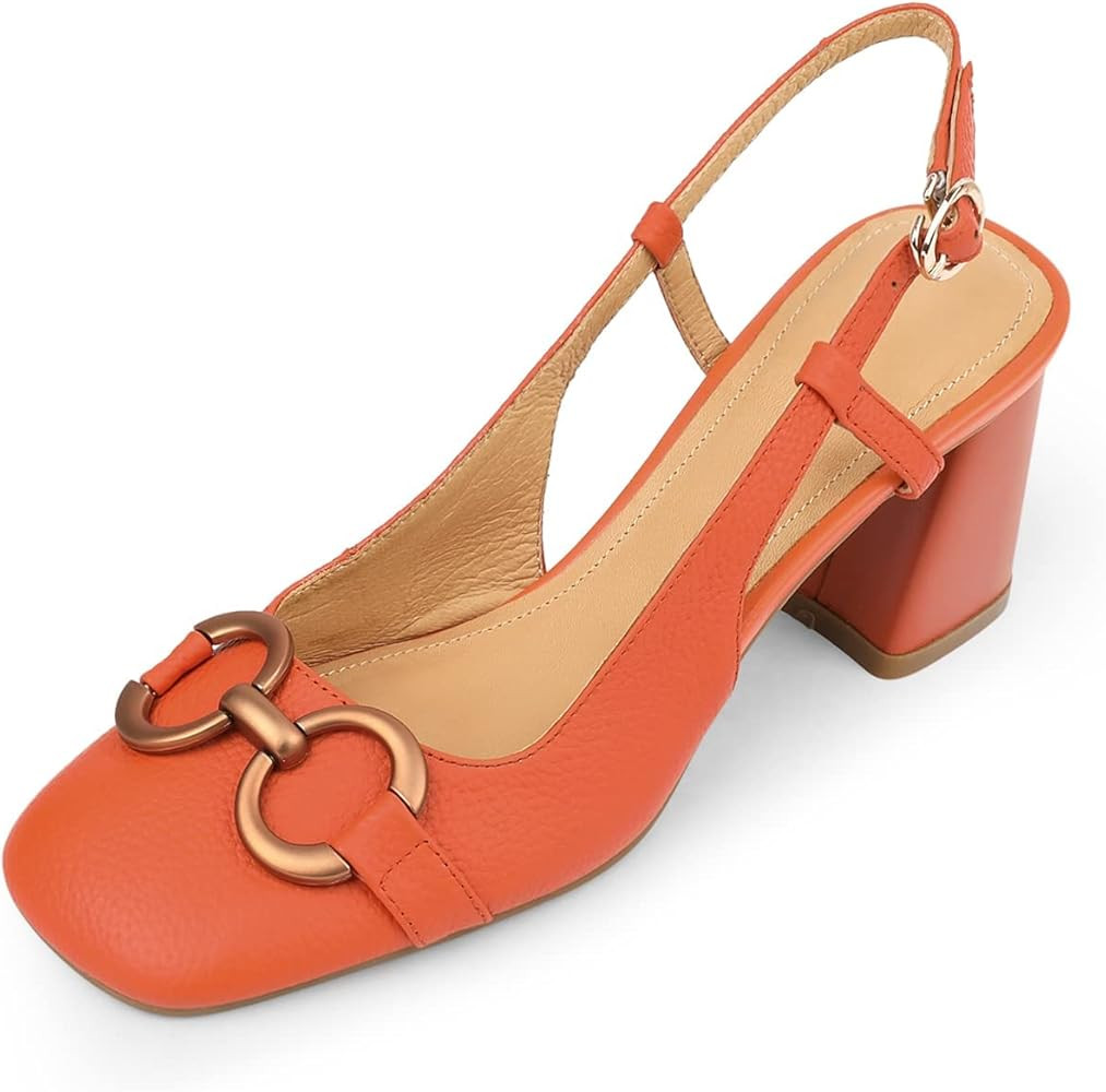 Women's Slingback Square Toe Chunky High Heels Sandals Ankle Buckle Dress Summer Pumps | Amazon (US)