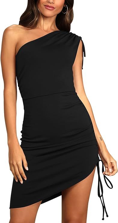 IHOT Women's Sexy One Shoulder Ruched Sleeveless Bodycon Mini Short Dress | Amazon (US)