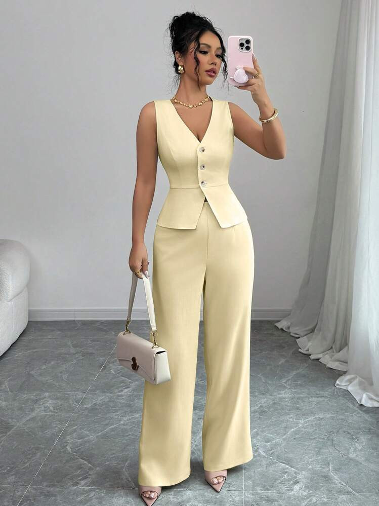 Women's Elegant Sleeveless Blazer Vest And Pants Set, Business/Office Wear, Summer | SHEIN
