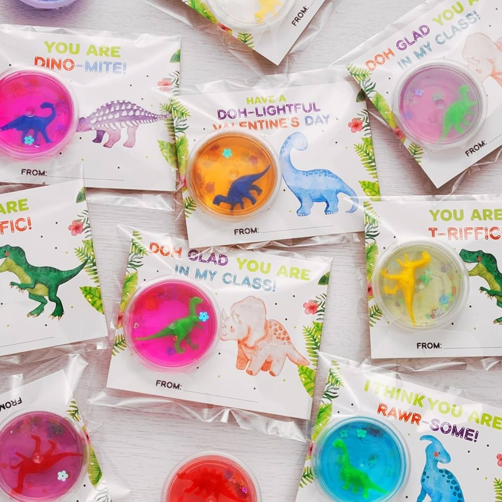 Valentines Day Gifts for Kids - 24 Valentines Cards with Dinosaur Clear Slime for Kids Classroom ... | Amazon (US)